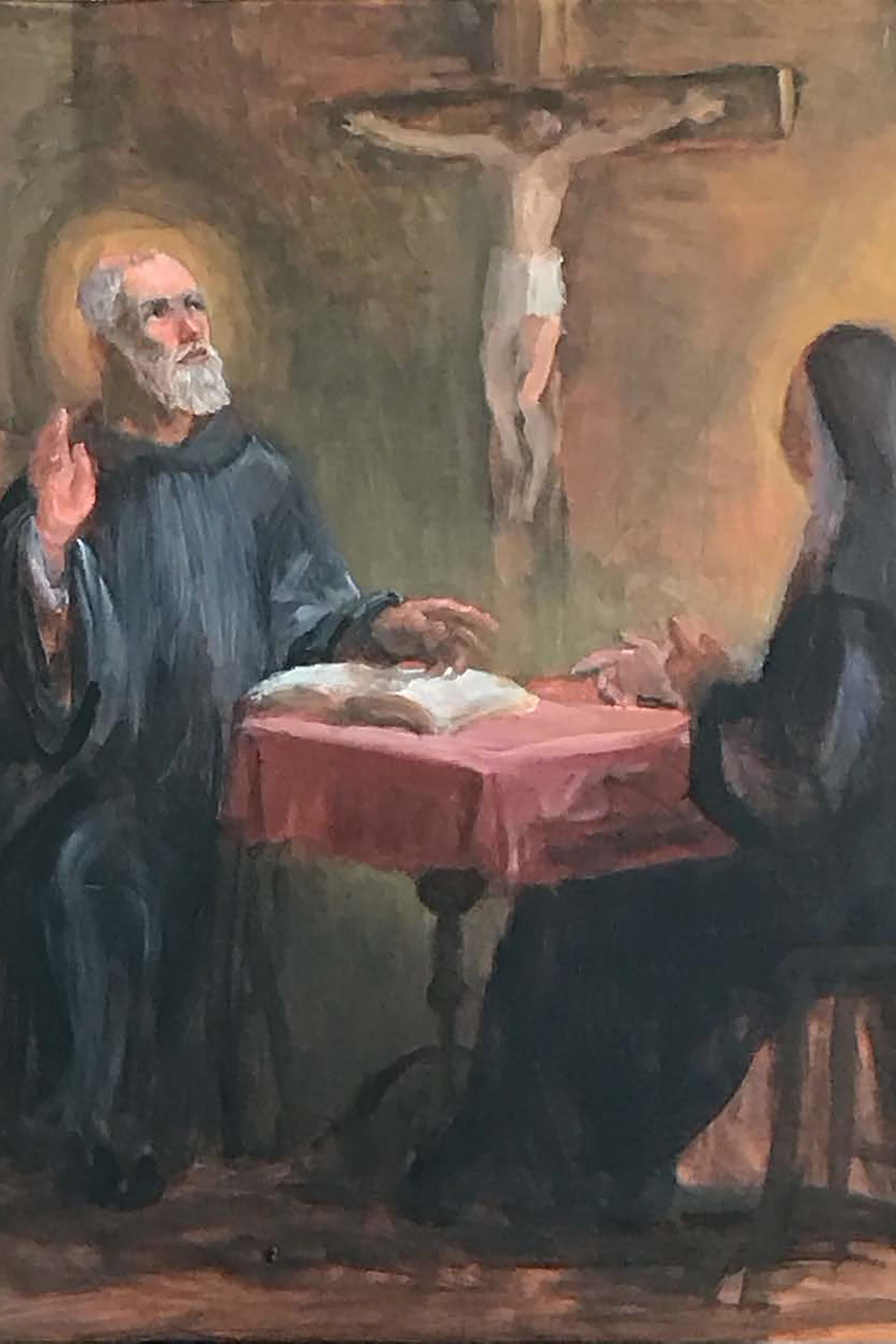 A painting by James Patrick Reid depicting Sts. Benedict and Scholastica conversing with a crucifix between them